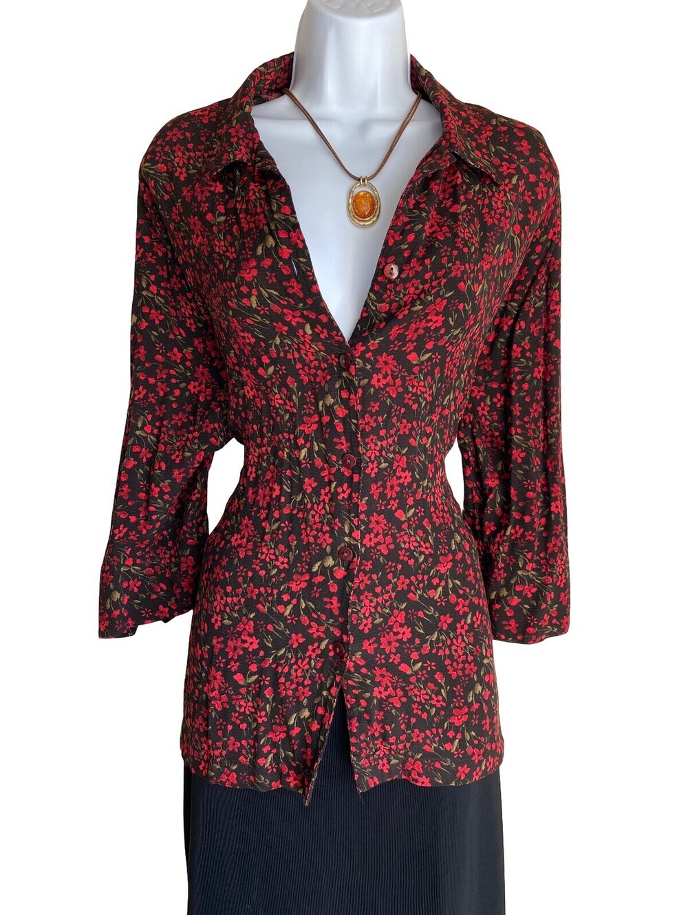 VTG Allison Daley Womens Plus 18 Tunic Red Rose Blouse Button Up Whimsigoth Boho
